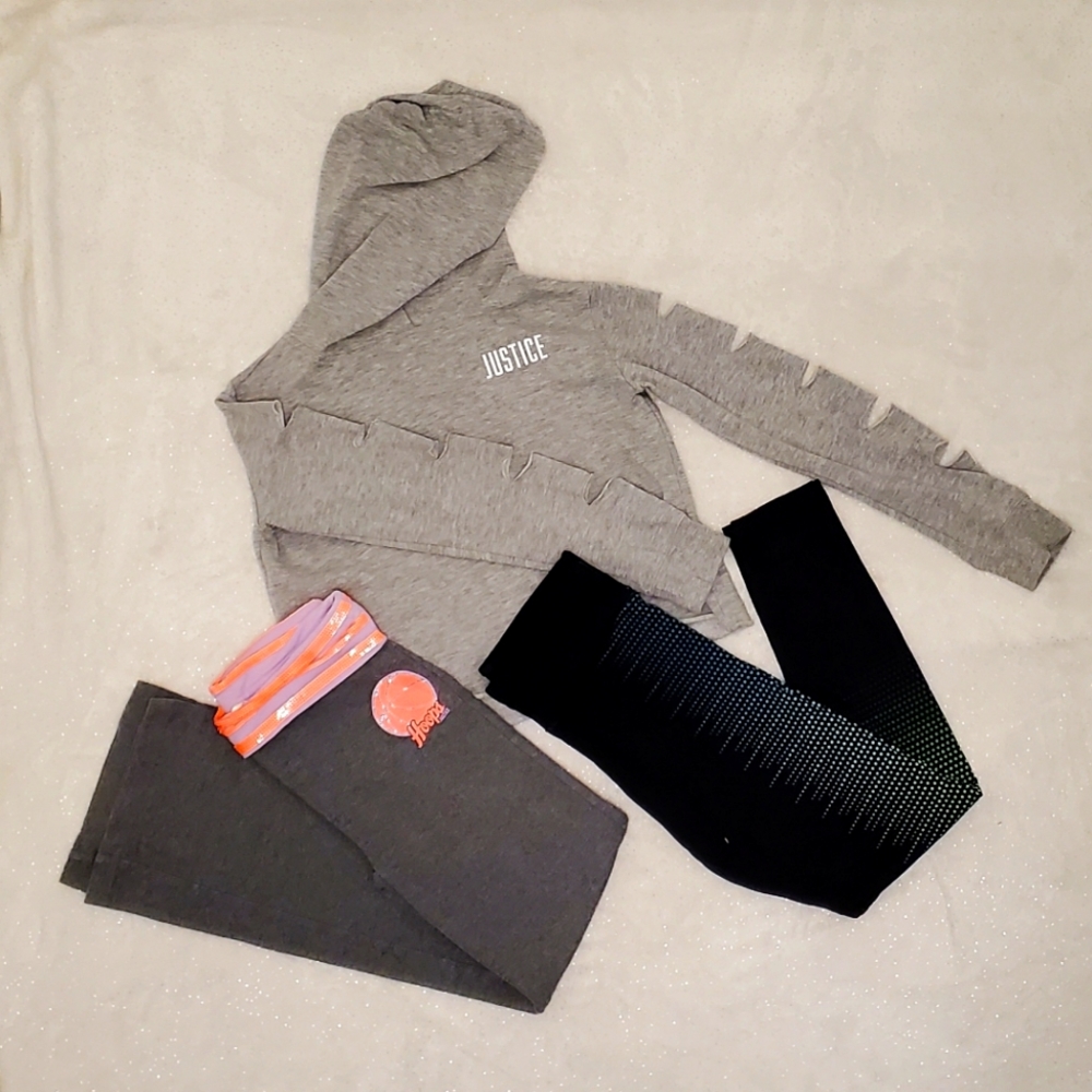 Girls. Justice hoodie and 2 pair of pants bundles. Size 12